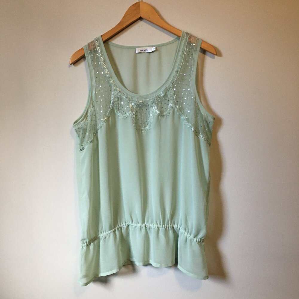 Pastel Mermaid Seafoam Green Sheer Sequin and Bead Embellished Tank Top - L